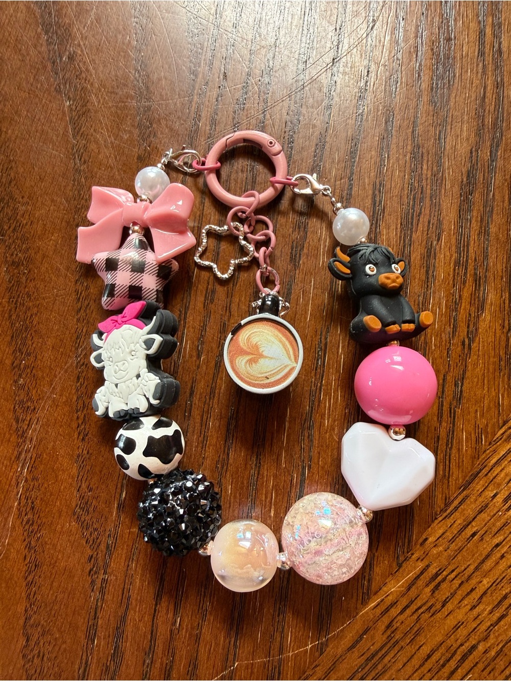 Pink Cow and Charm Beaded Keychain Bracelet